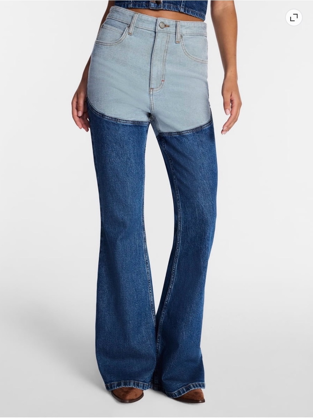 Kacey Lee Two-Tone High-Rise Flare Denim Chaps in Light & Dark Blue